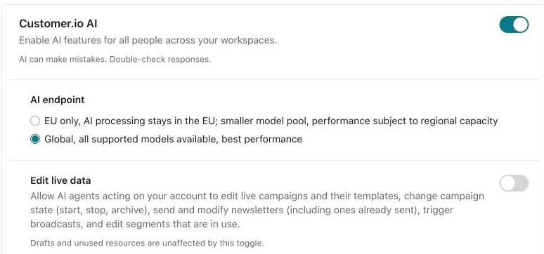 Customer.io AI settings with Edit live data turned off, limiting agents to drafts.