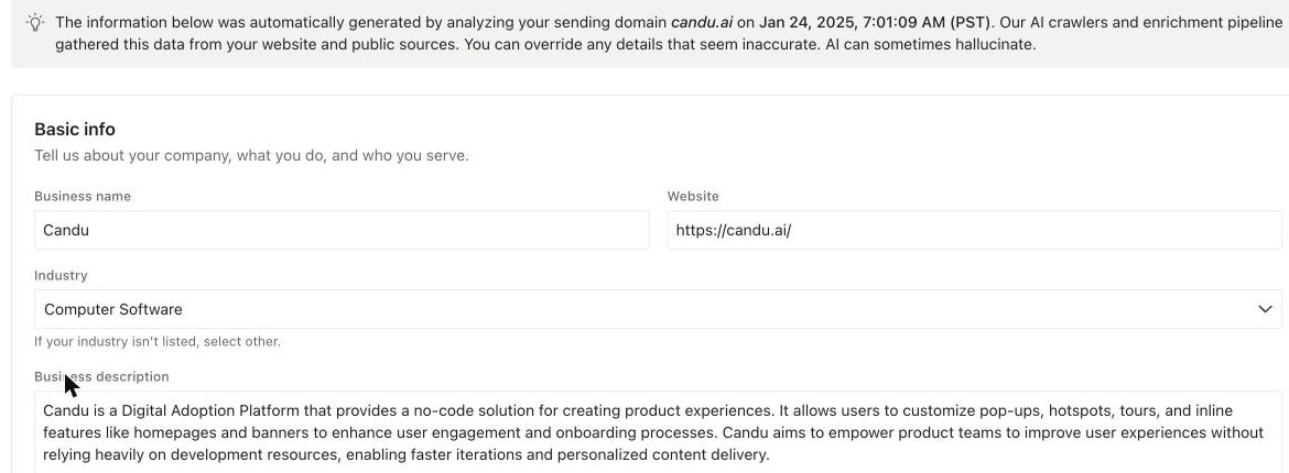 Business context filled in automatically from the sending domain, with brand voice sliders.