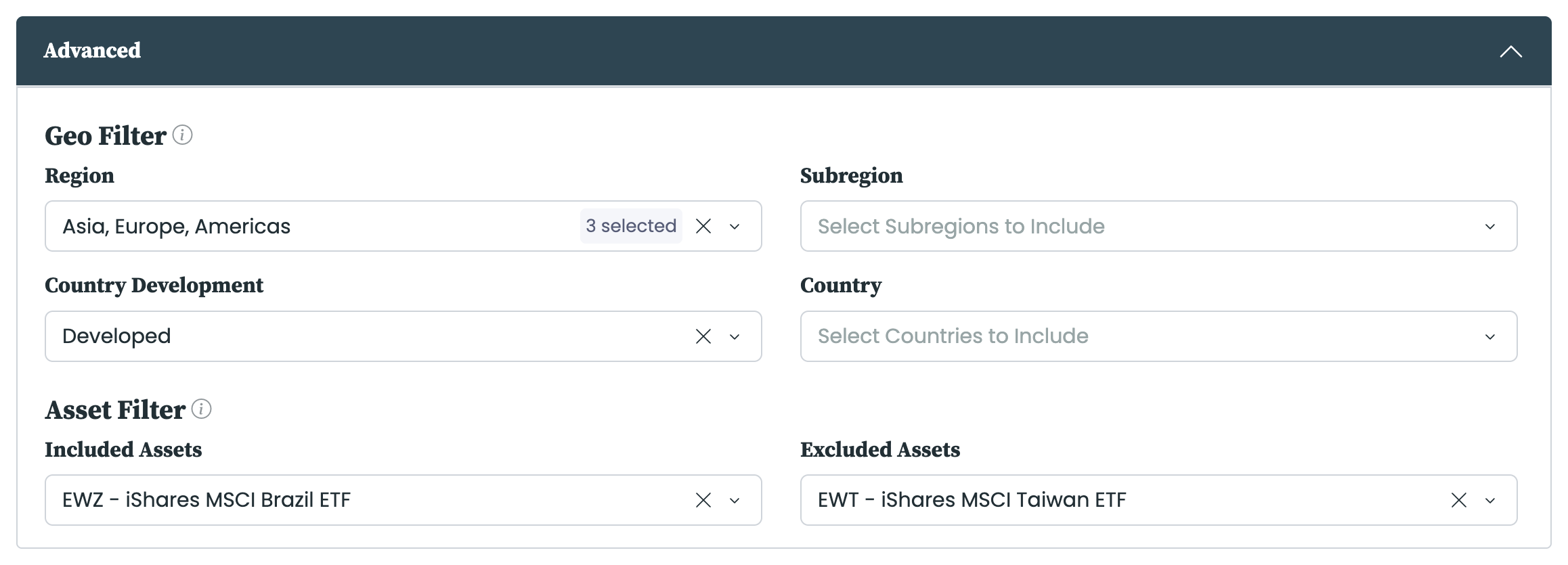 The Asset Selection Advanced tab