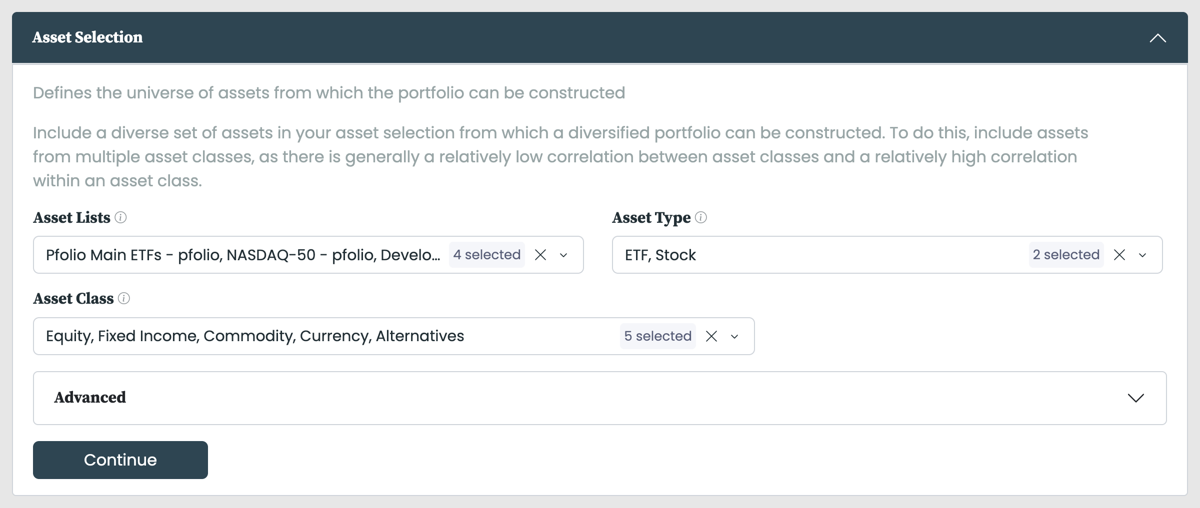 The Asset Selection filters