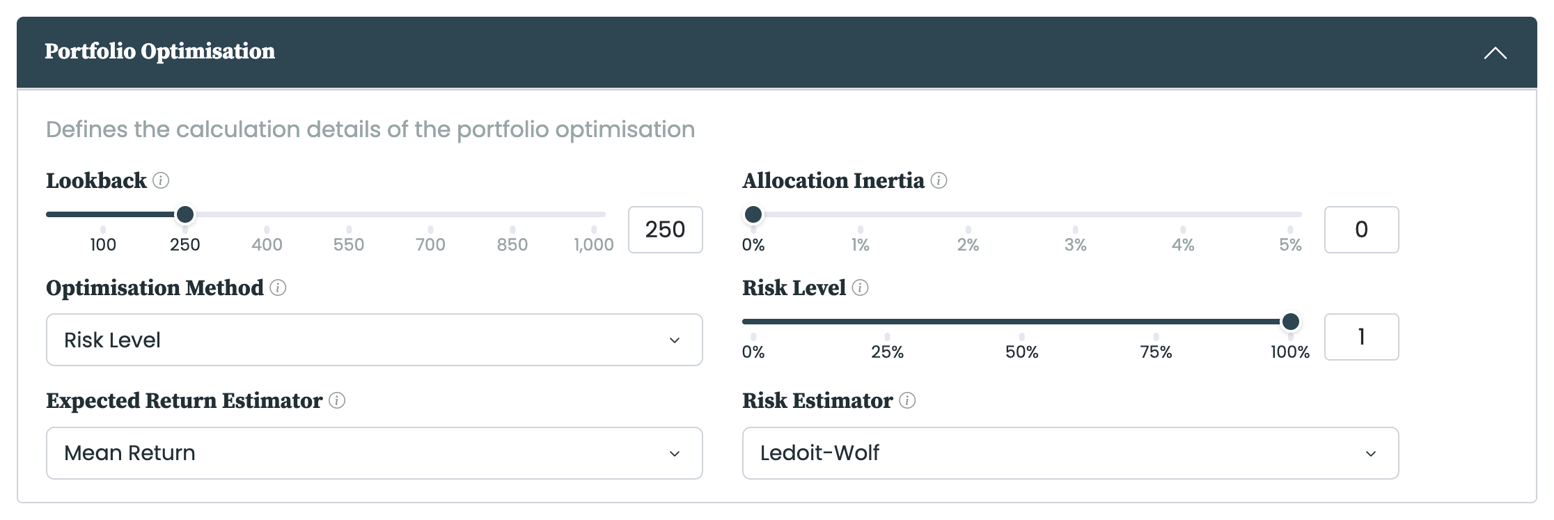 The Portfolio Optimisation section