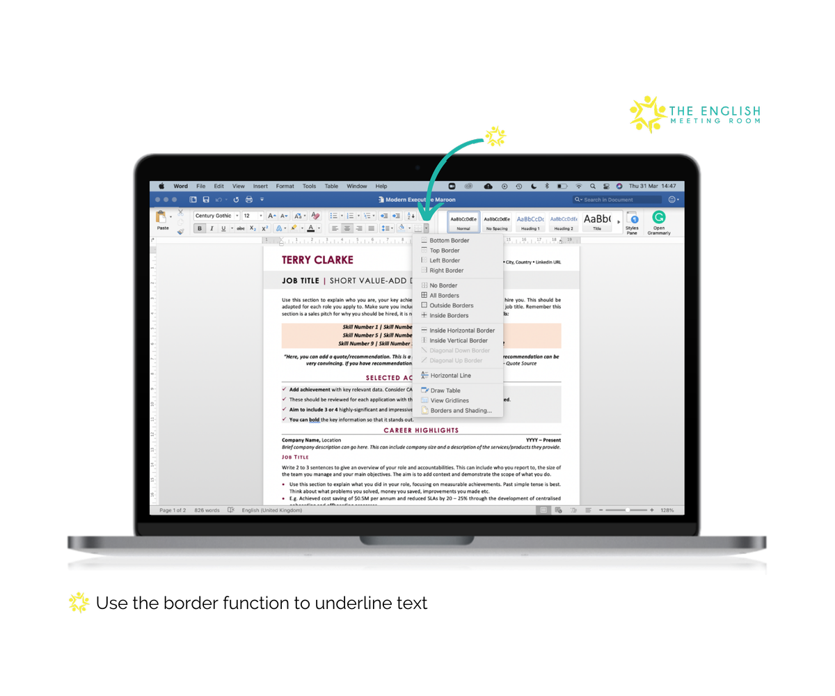 Underline the headings of your CV using MS Word