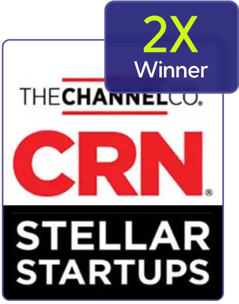 CRN Stellar Startups logo highlighting Grip Security as a 2X winner in SaaS cybersecurity innovation.