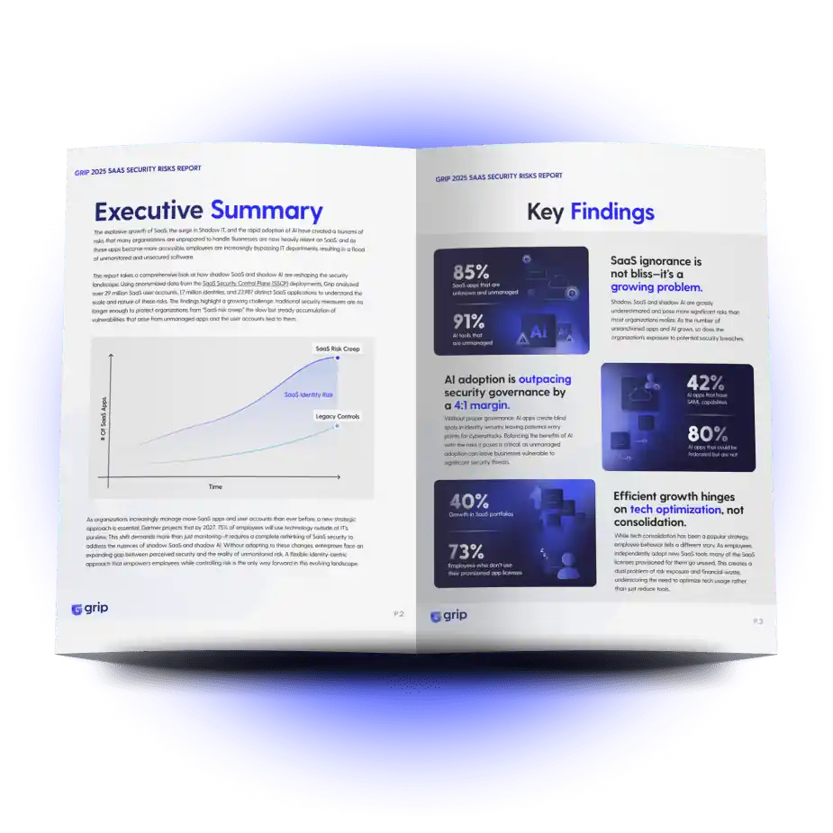SaaS Security Risks Report pages showing key findings and an executive summary with graphs and statistics.