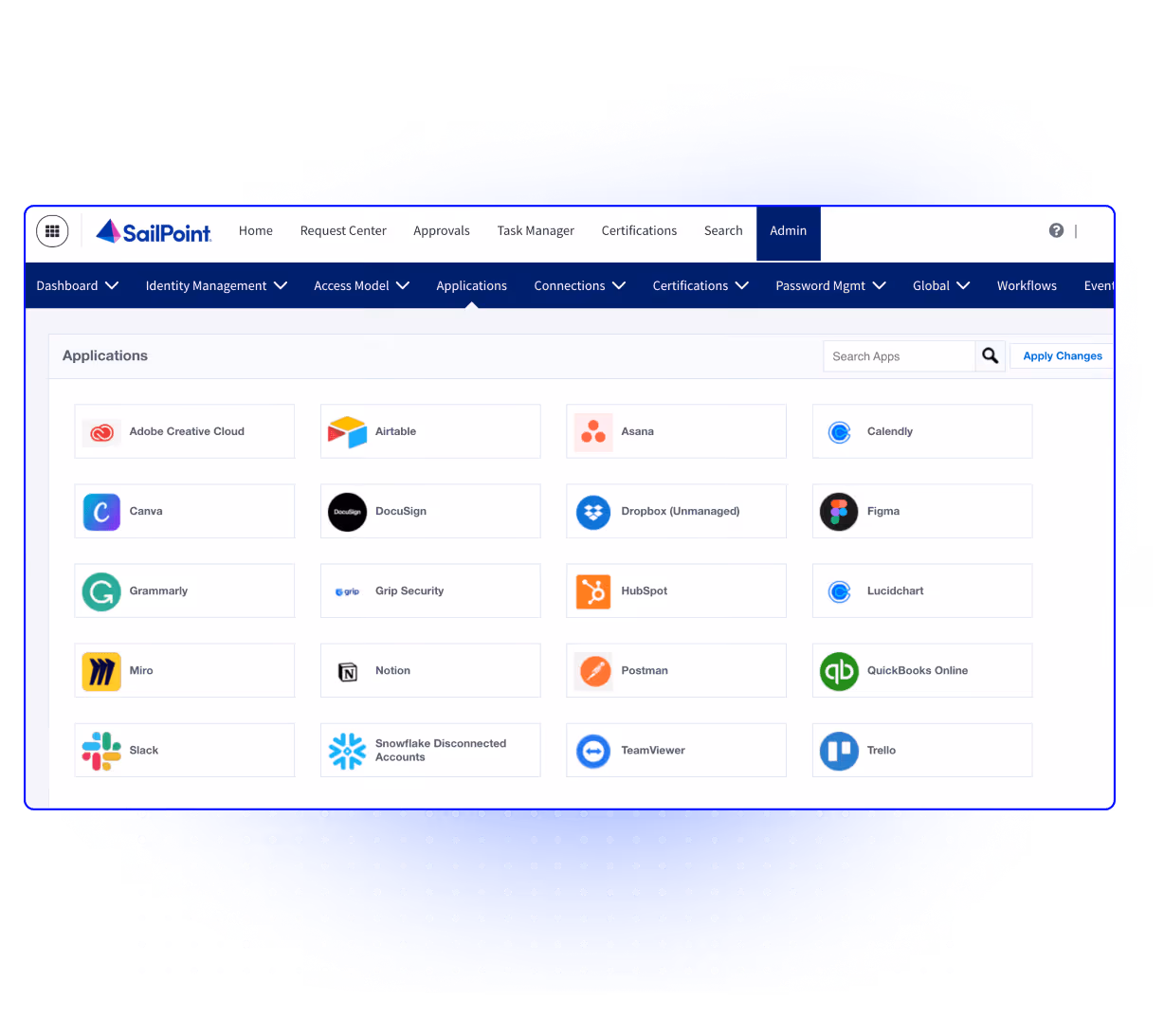 SailPoint UI displaying various SaaS applications for identity governance and administration (IGA) management.