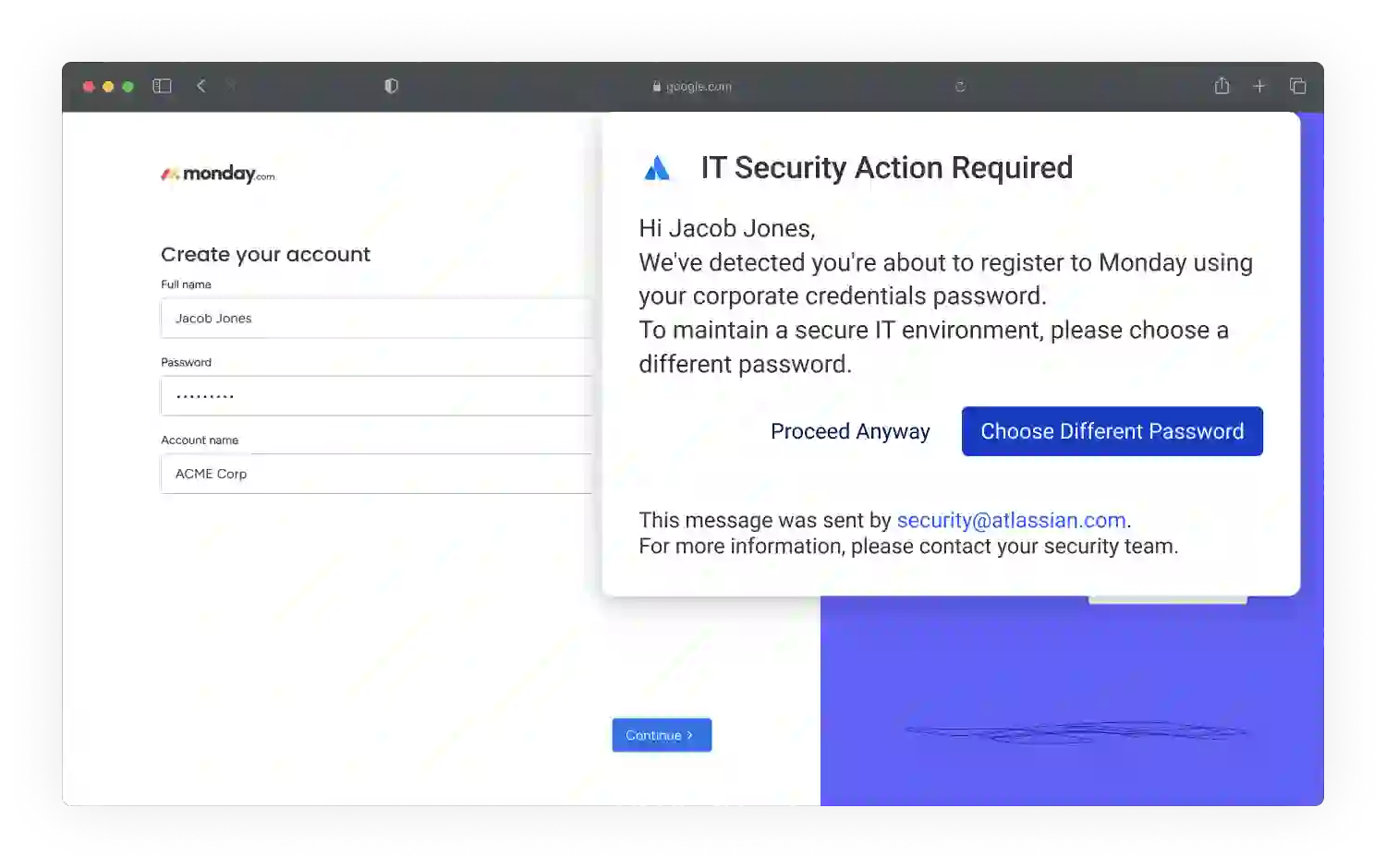 Monday.com account registration screen showing an IT security alert for using corporate credentials.