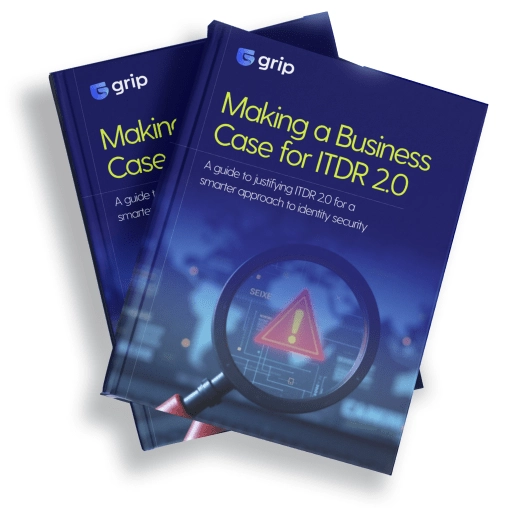 Two stacked guides on "Making a Business Case for ITDR 2.0" featuring a magnifying glass and warning icon for cybersecurity.