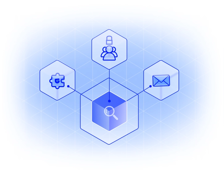 Icons representing user management, email, and security settings connected to a central search feature for SaaS visibility.