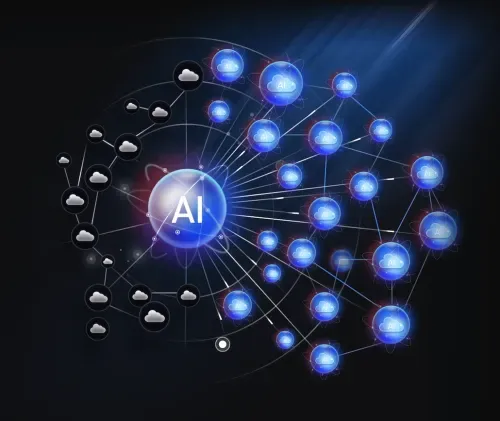 Network diagram illustrating AI connectivity with cloud icons, representing Grip Security's approach to AI risk management.