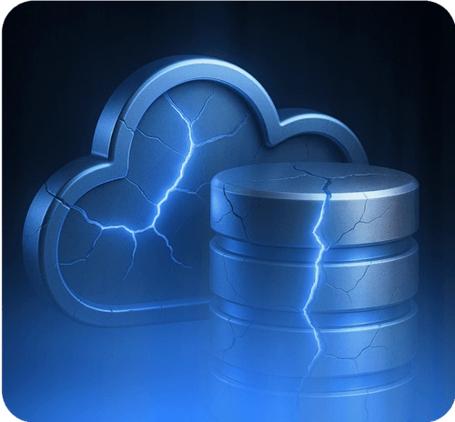 Cloud and database icons with cracks and blue lightning, symbolizing cybersecurity challenges in AI environments.