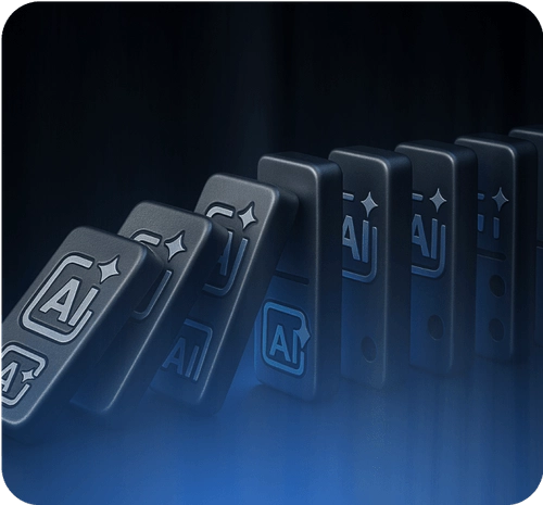 Black dominoes with AI symbols, representing the interconnectedness of AI security in a digital landscape.