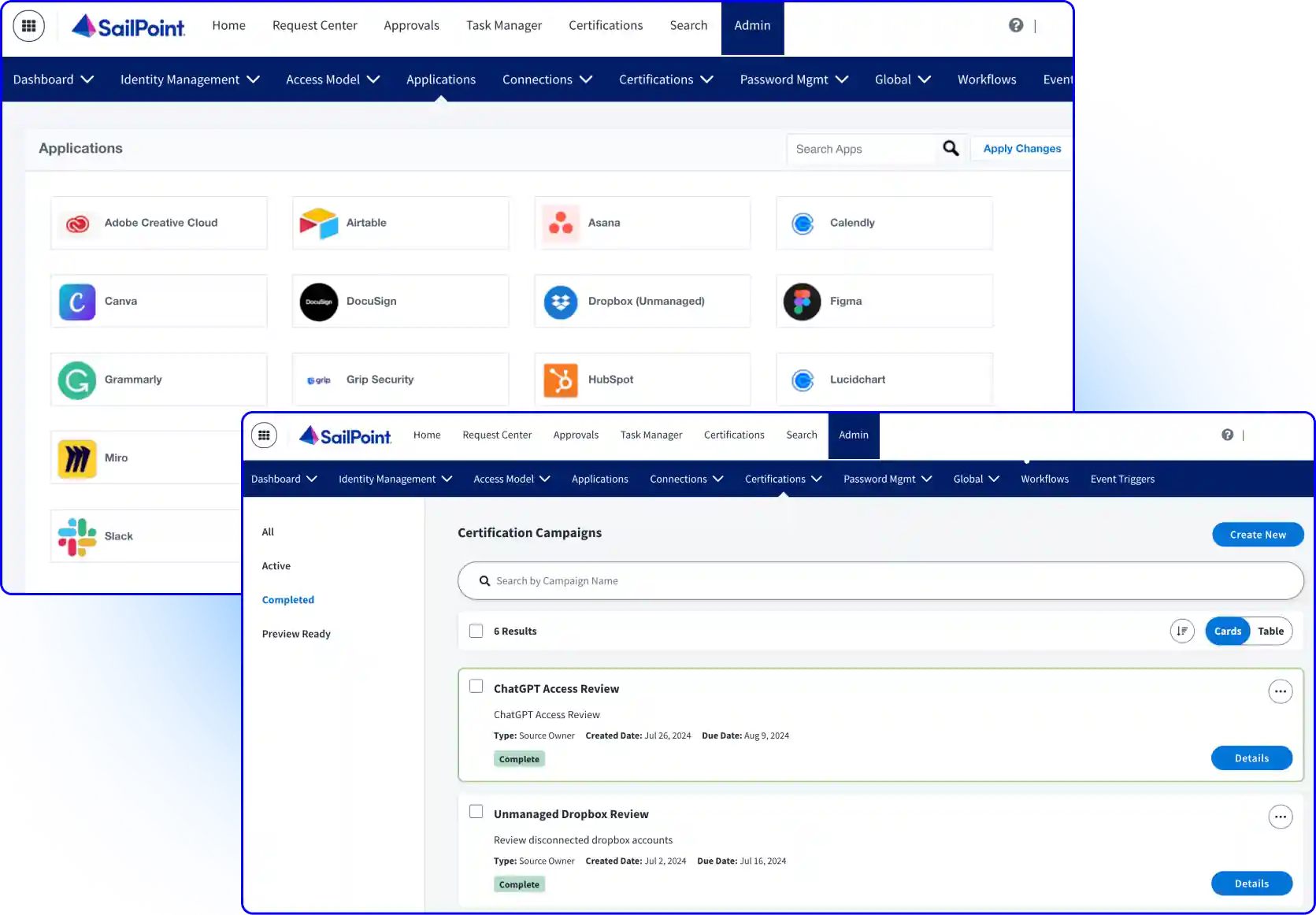 SailPoint UI showcasing applications and certification campaigns for enhanced identity governance and SaaS security.