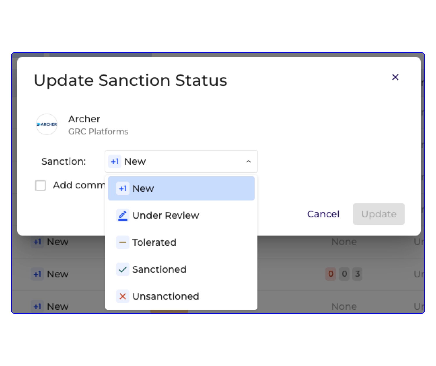 Update sanction status UI in Grip Security platform, showing options for new, under review, sanctioned, and unsanctioned.