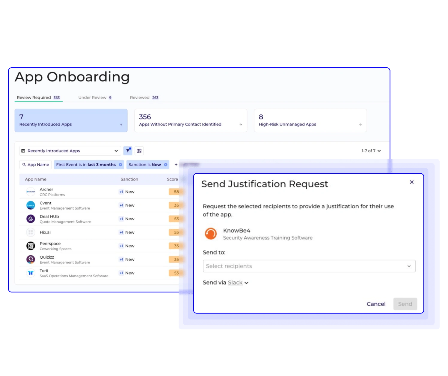 App onboarding interface showing app review metrics and a justification request feature for cybersecurity software.