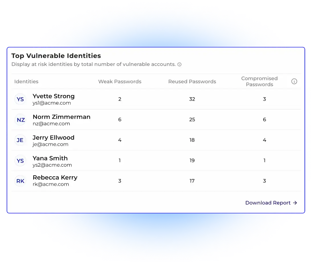 Top vulnerable identities UI showing accounts with weak and reused passwords, highlighting cybersecurity risks.