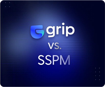 Grip Security logo contrasted with SSPM, highlighting SaaS risk management and cybersecurity solutions.