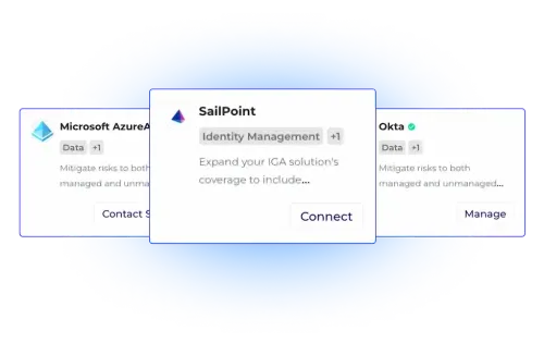 SaaS integration options showcasing Microsoft Azure, SailPoint, and Okta for identity management solutions.