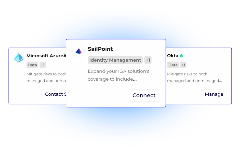 SaaS integration options showcasing Microsoft Azure, SailPoint, and Okta for identity management solutions.