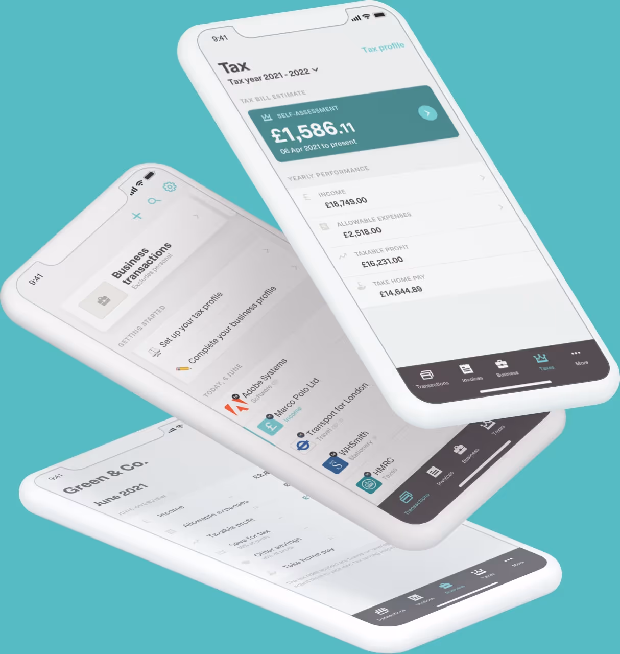 Shot of the Coconut app on different devices displaying tax, invoicing and expenses tools.