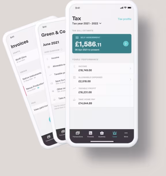 The Coconut app on different devices displaying tax, invoicing and expenses tools.