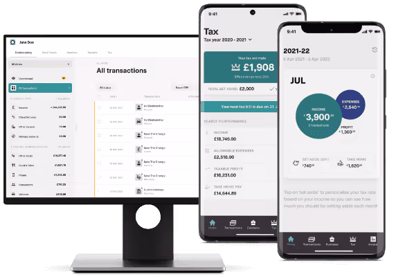 Desktop and smartphones showing financial app interfaces with transactions, tax summary, and income-expense visuals.