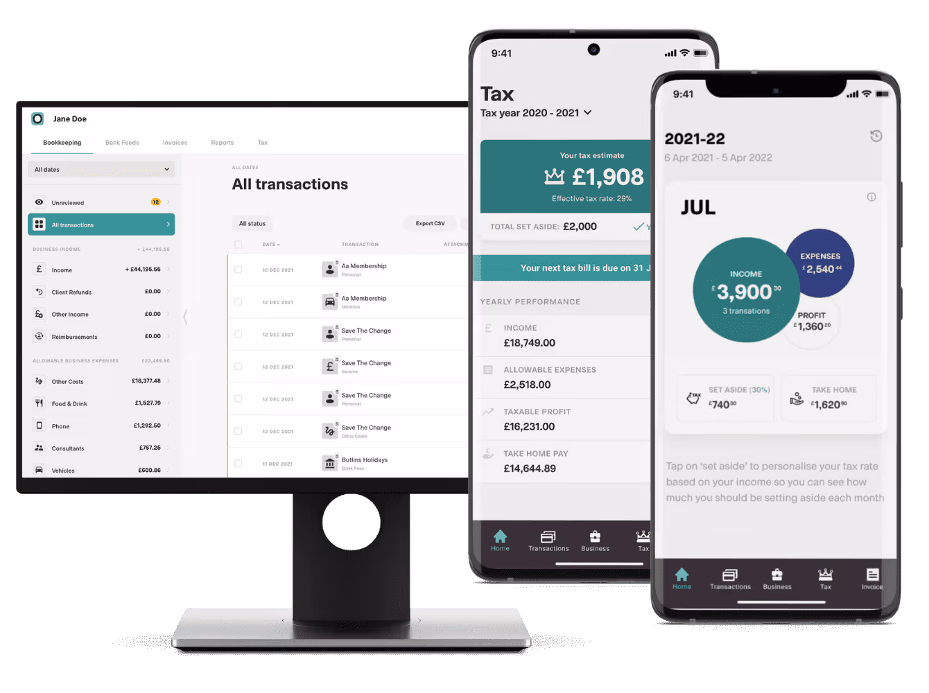 Desktop and two smartphones showing bookkeeping, tax estimates, and income-expense charts in a finance app.