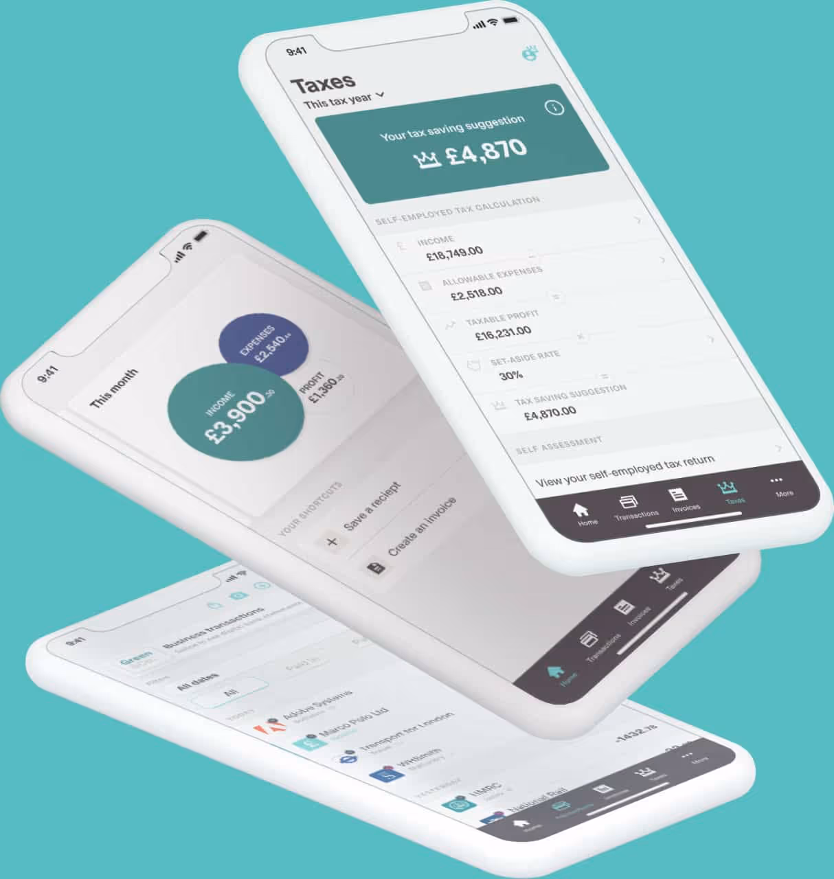 The Coconut app on different devices displaying tax, invoicing and expenses tools.