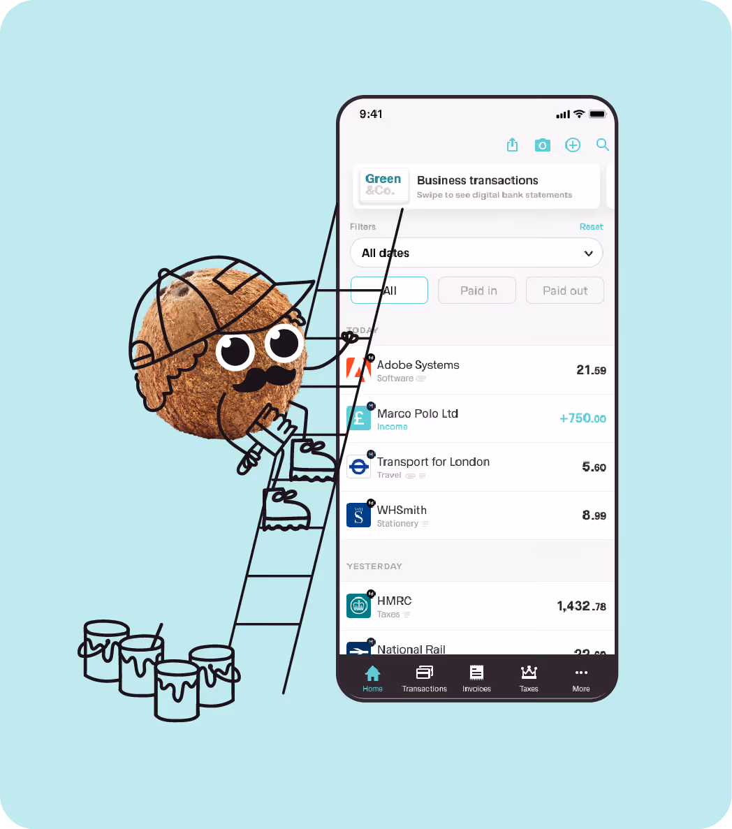 Cartoon coconut climbing ladder next to phone showing business transaction app screen.