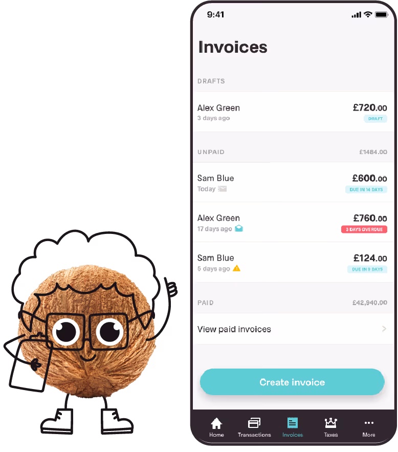 Mobile screen showing invoice app with draft, unpaid, and paid invoices listed and a cartoon walnut character.