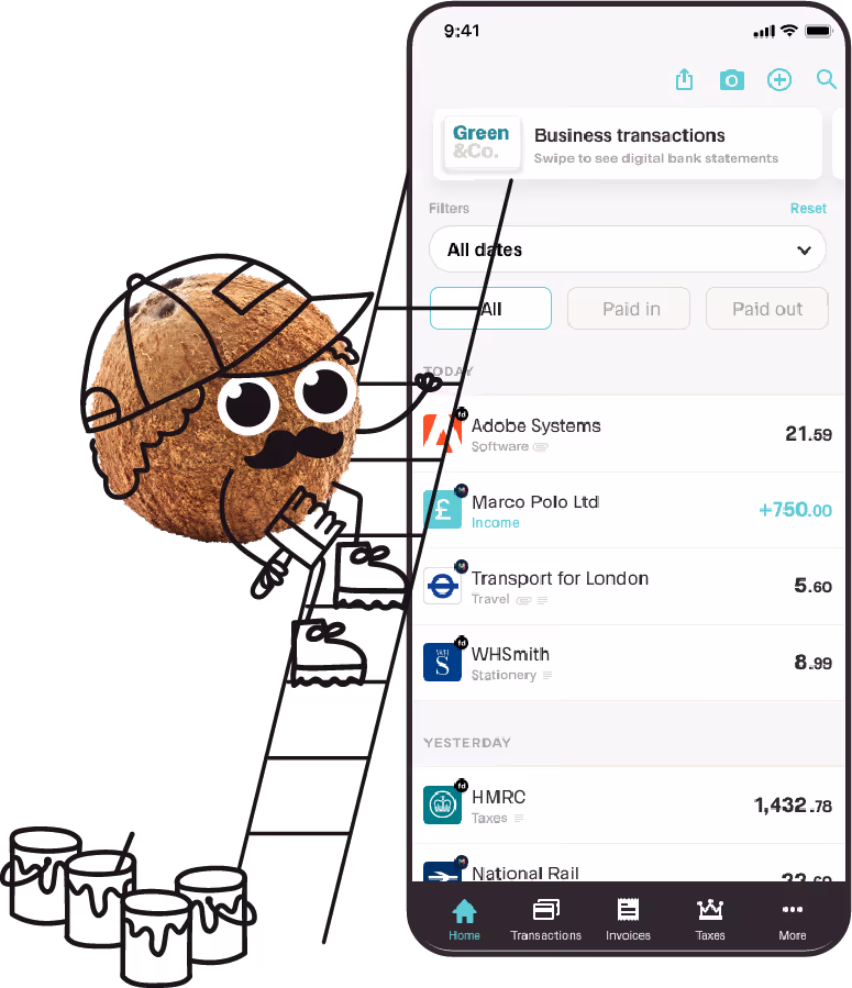 Mobile screen showing business transactions with a cartoon coconut detective climbing a ladder beside it.