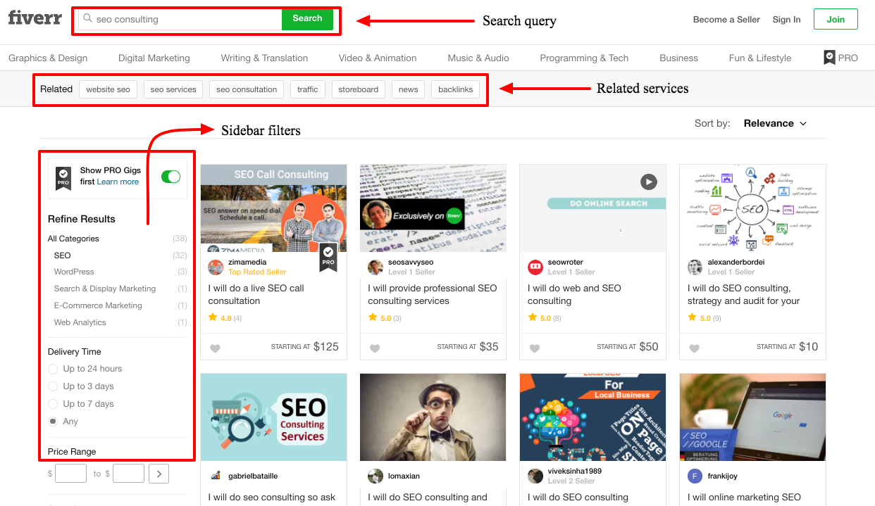 fiverr marketplace search features