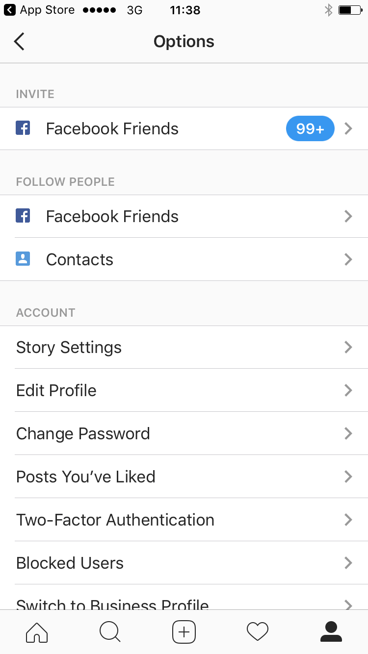 instagram profile option page