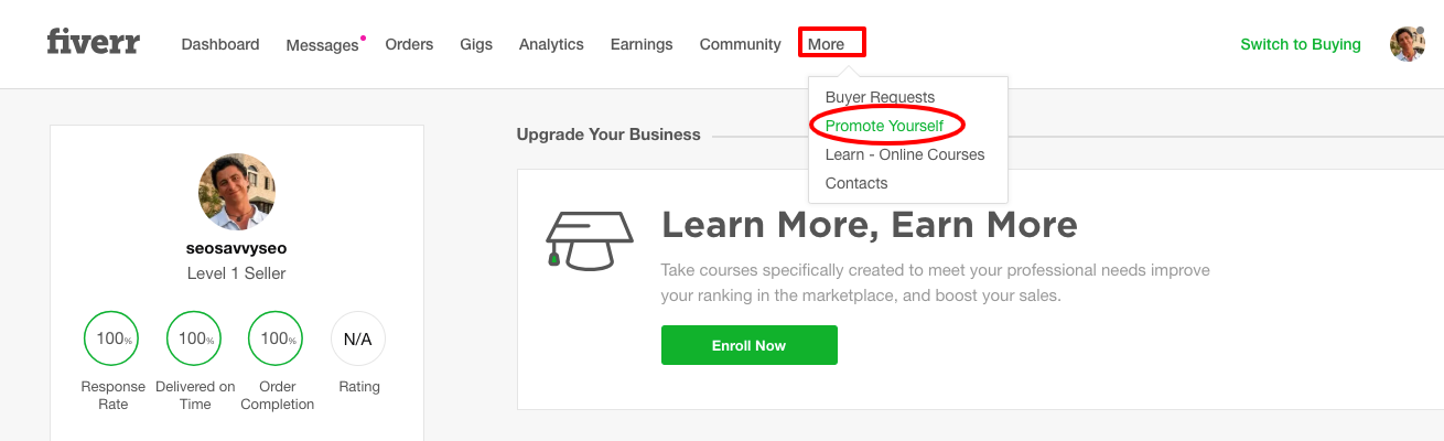 Fiverr seller view dashboard