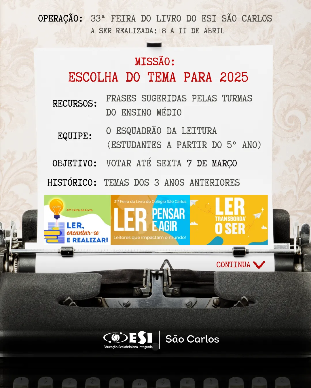 Tema da 33ª Feira do Livro do Colégio ESI São Carlos será escolhido pelos alunos em votação 