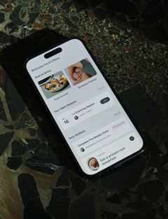 Smartphone displaying the WellTheory app dashboard with options for a food journal, symptom tracker, and upcoming coaching session.