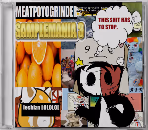 CD cover art with collage of distorted images including a person upside down, bathroom, and outdoor scene with text 'generic fake ambient bullshit for you to larp on tiktok' and 'MEATPODGRINDER'.