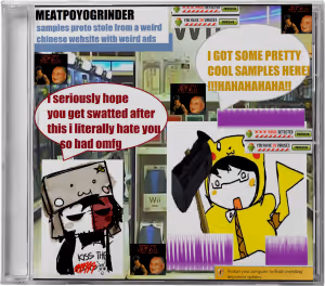 CD cover art with collage of distorted images including a person upside down, bathroom, and outdoor scene with text 'generic fake ambient bullshit for you to larp on tiktok' and 'MEATPODGRINDER'.