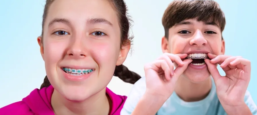 Deklica in deček, ki imata vsak zobni aparat – ona klasičnega in on nevidnega.