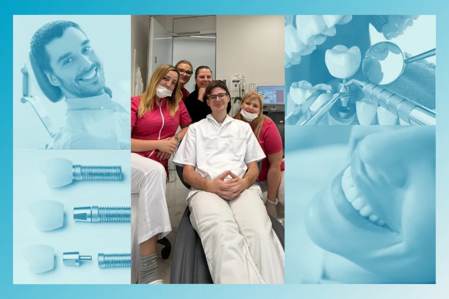 Zobozdravstvo primadent implantati kolaž: zobozdravniki in bel nasmeh.e