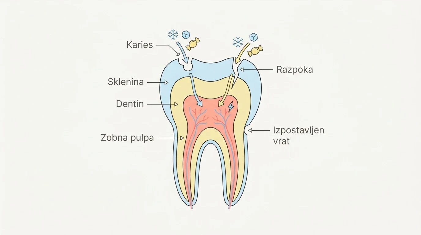Shematski prikaz zoba v prerezu, ki prikazuje, kako zunanji dražljaji skozi poškodovano sklenino prodrejo do zobnega živca.