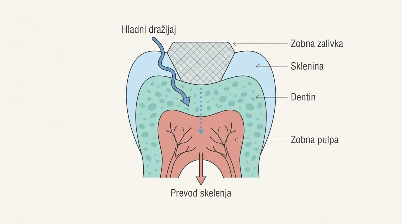 Shematski prikaz zoba v prerezu z novo zalivko, ki prikazuje prenos hladnega dražljaja skozi dentinske kanale do zobne pulpe.