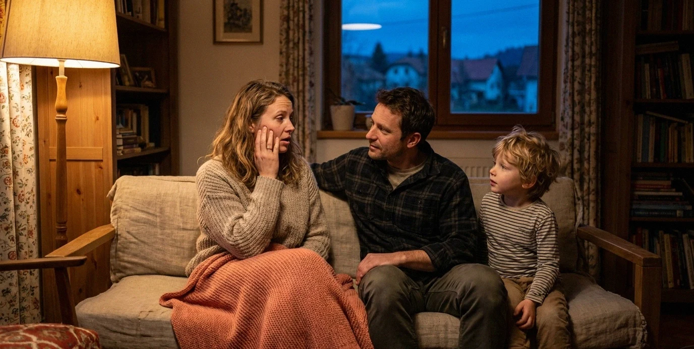 Družina v dnevni sobi ob večerni luči, kjer se mama zaskrbljeno drži za lice zaradi izpadle zobne plombe, partner pa jo pomirja.