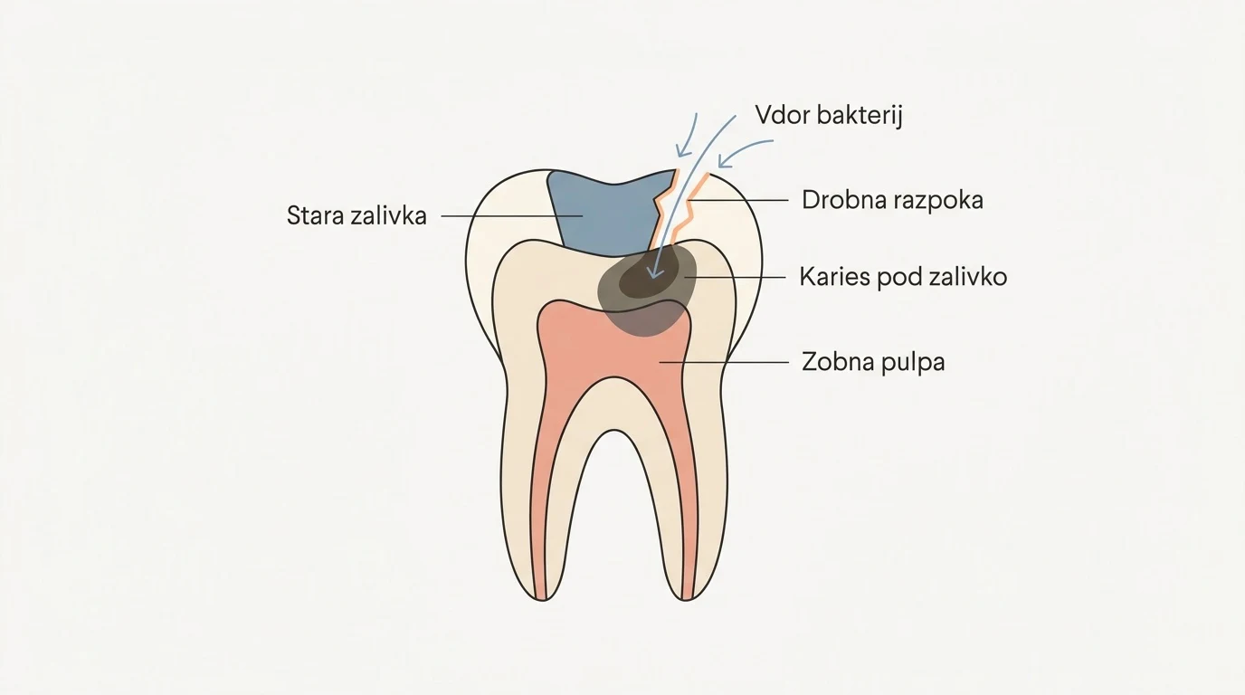 Shematski prikaz prečnega prereza zoba, ki prikazuje nastanek razpoke ob stari zalivki in vdor bakterij pod njo.