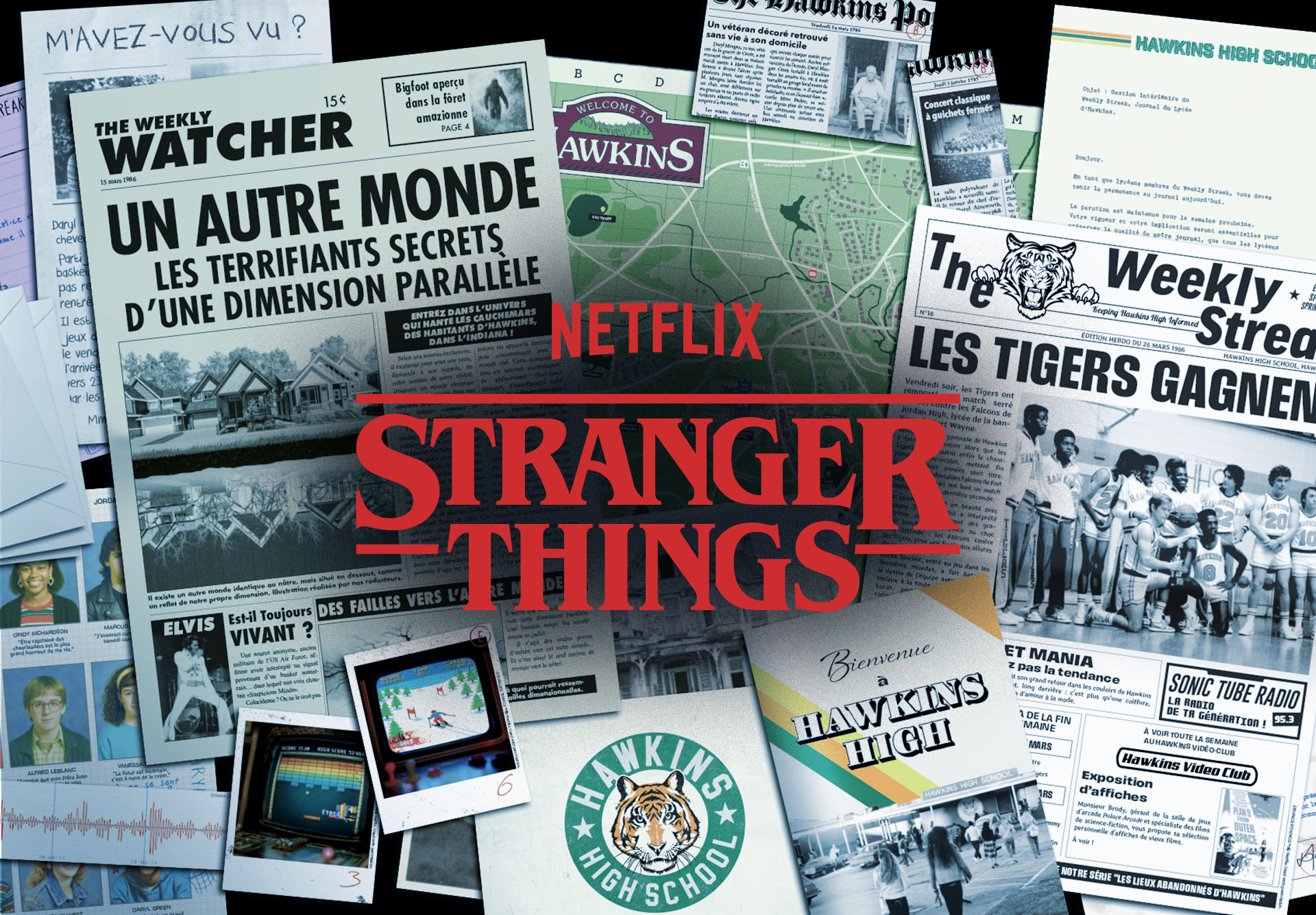 Document d'enquête éparpillés journaux, plan illustré, photographies polaroids vintage et yearbook américain de photos d'étudiants d'un lycée dans les années 80 pour la série Netflix Stranger Things