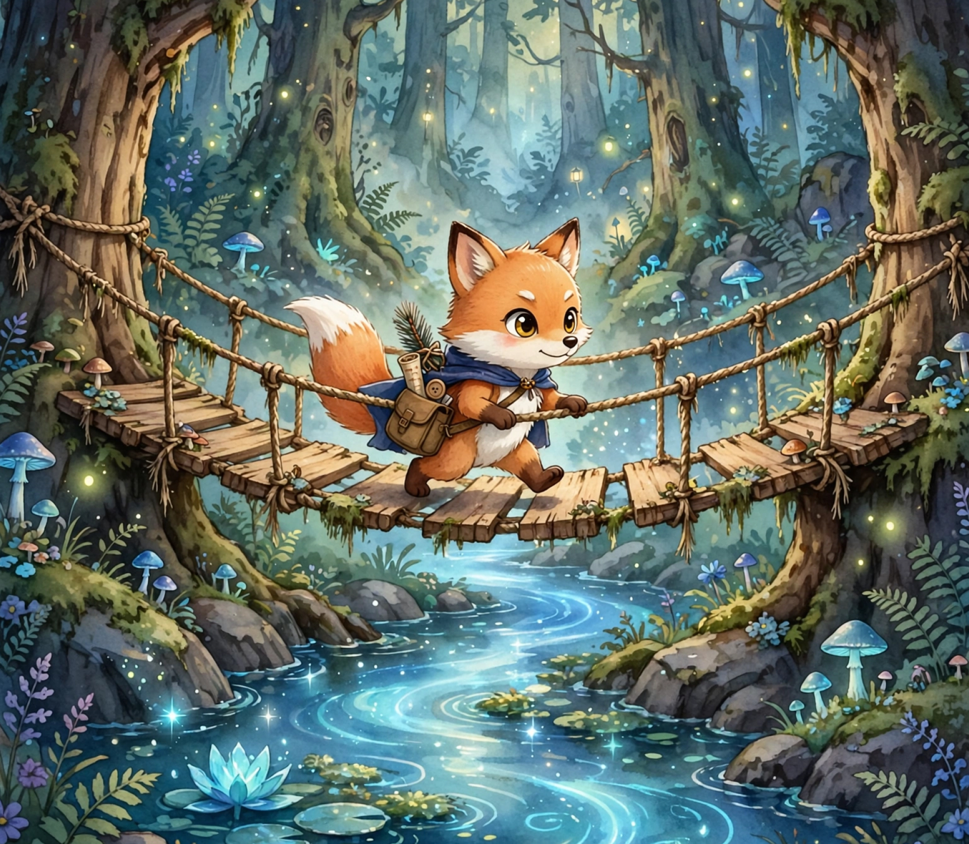 A children's book illustration of a brave little fox crossing a rope bridge over a glowing river in an enchanted forest.