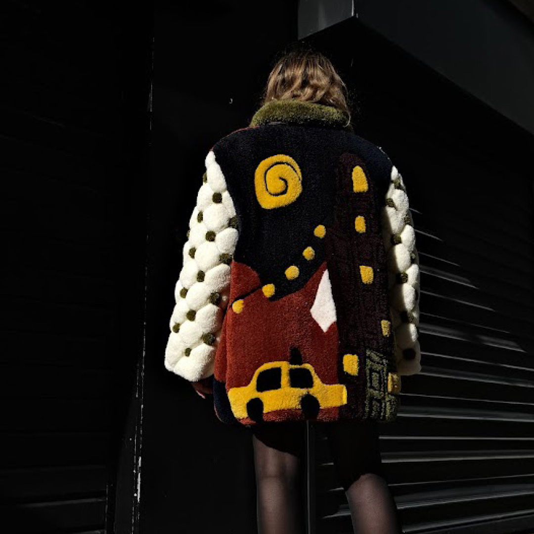 jazz-themed illustrated coat, entirely tufted and hand-sewn