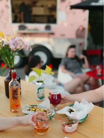 A table with snacks and beer