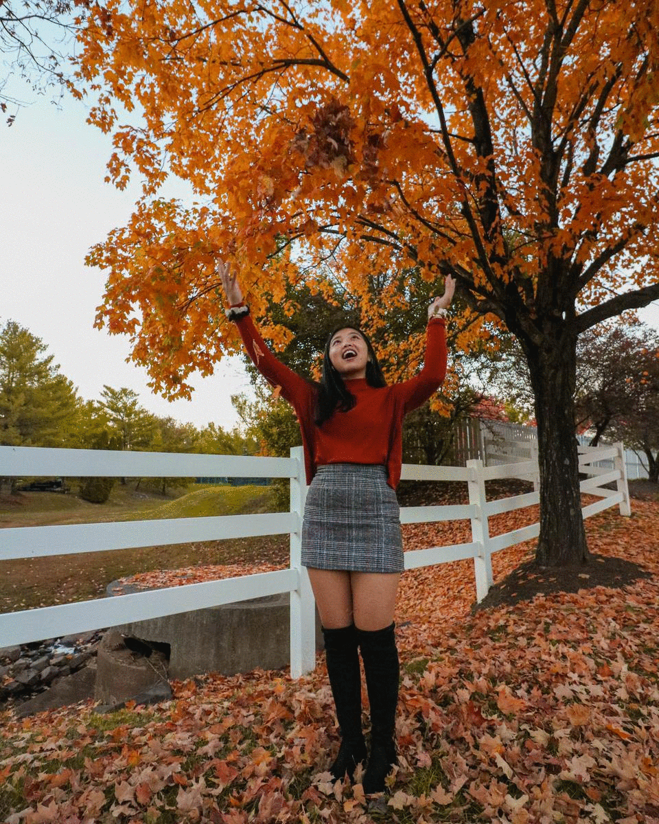 A GIF of Tina throwing some autumn leaves.