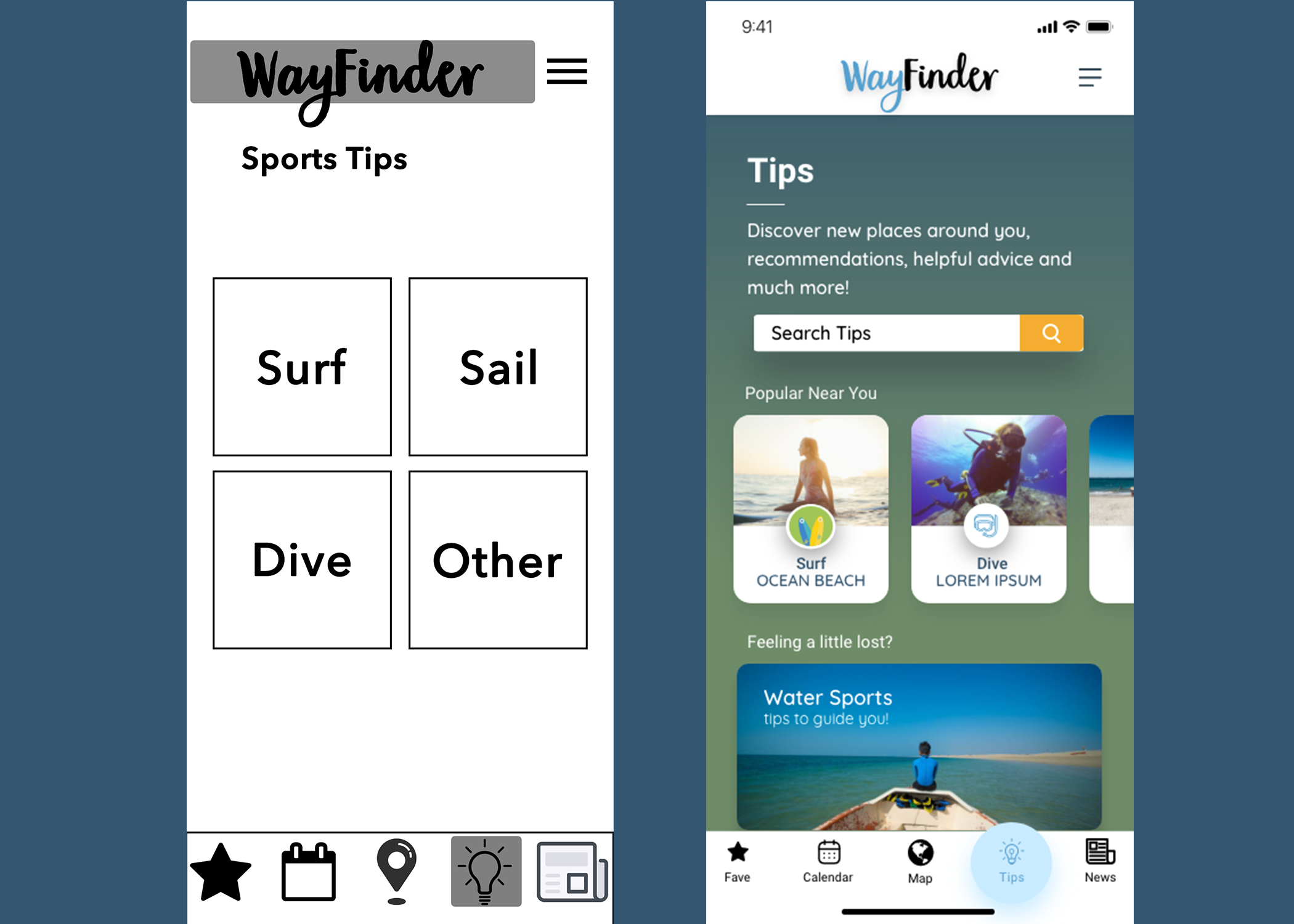 Wireframes of Tips page side-by-side to show evolution/changes.