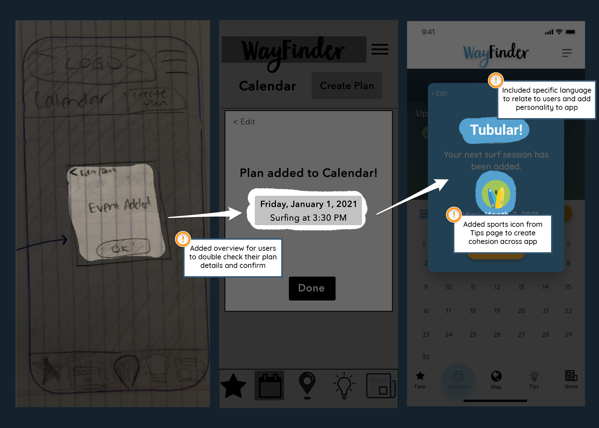 Annotations for changes/updates to the plan confirmation on the calendar page.